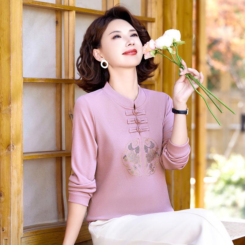 Mamas Herbst Stehkragen Langarm Bluse - Eleganter Nationalstil für Frauen mittleren und höheren Alters