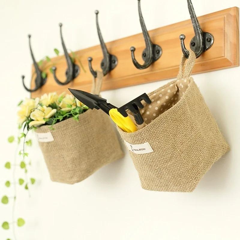 Desktop Jute Storage Bag Cotton Linen Storage Basket Sundries Storage Box With Handle Cosmetic Organizer Jewelry ContainerHolder