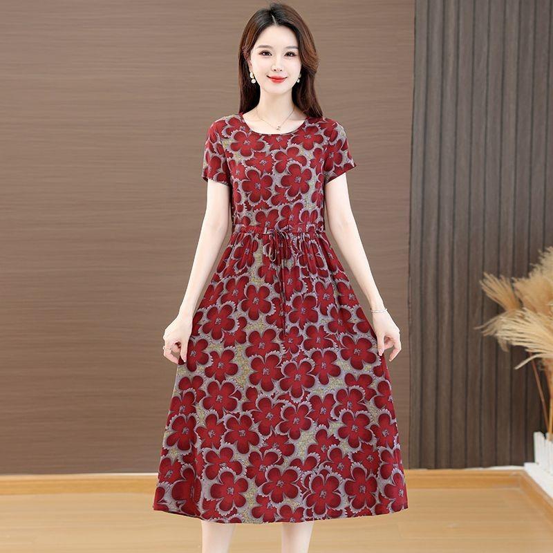 Womens Floral Print Drawstring Waist Short Sleeve Midi Dress