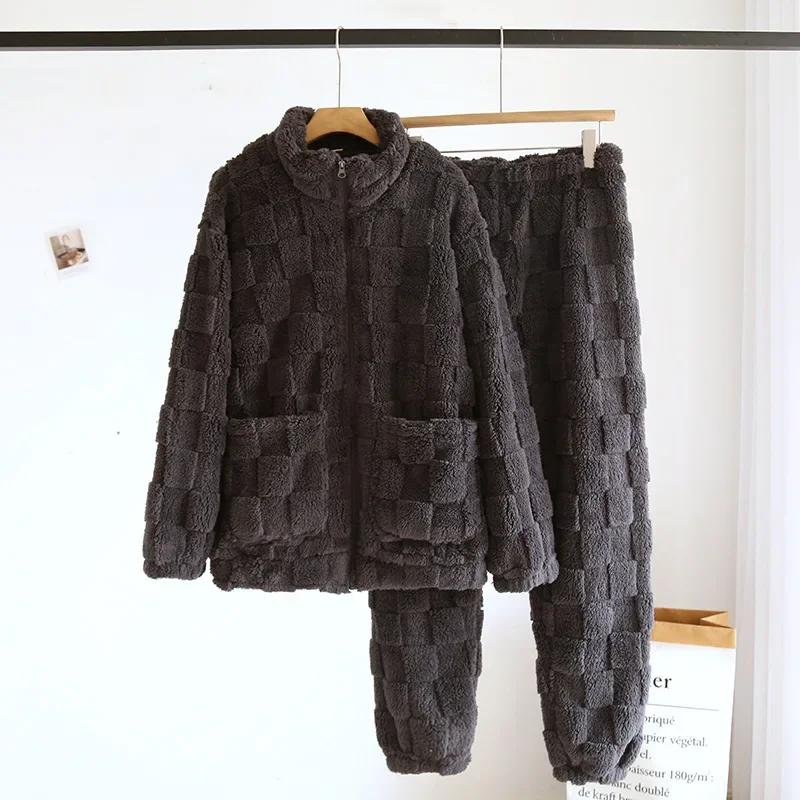 Paar Winter Flanell Pyjama Set Herren und Damen Korallenplüsch Dick Einfarbig Langarm Hose Hausanzug Zweiteiliges Set