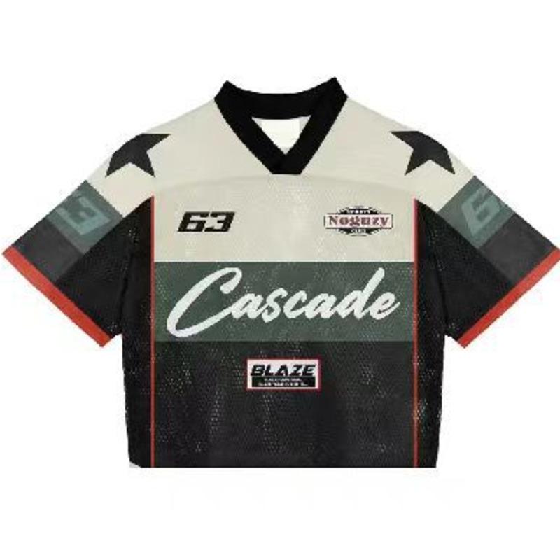 Maglietta americana Y2K, stile Harajuku, hip hop, moda, maglia da football, streetwear, vintage, casual, traspirante, con giunture, ampia, manica corta