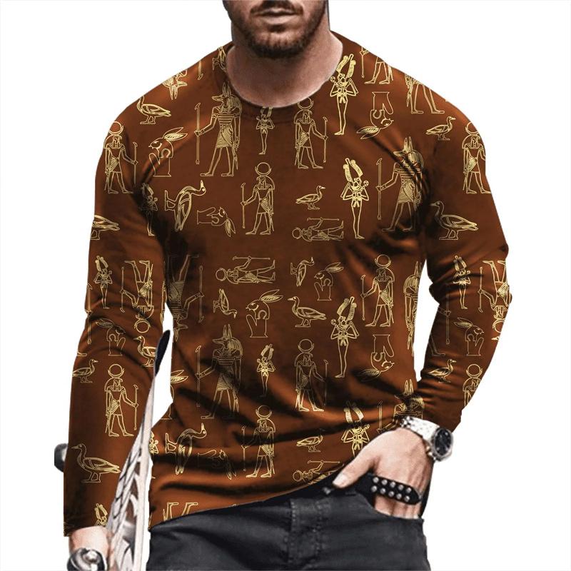 Ancient Egyptian Pattern Print T-shirt Autumn Men's O-Neck T-shirt Casual Long Sleeve Oversized Tops Fashion Streetwear Tees
