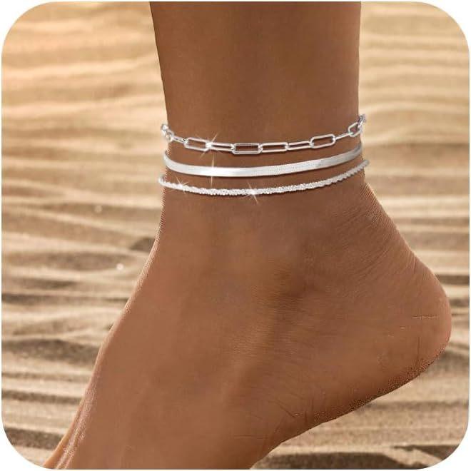 Braccialetti Cavigliera in Argento Sterling 925 per Donna Impermeabili Sottili Stratificati Catene Caviglia Cavo Intrecciato Perline Set di Cavigliere da Spiaggia