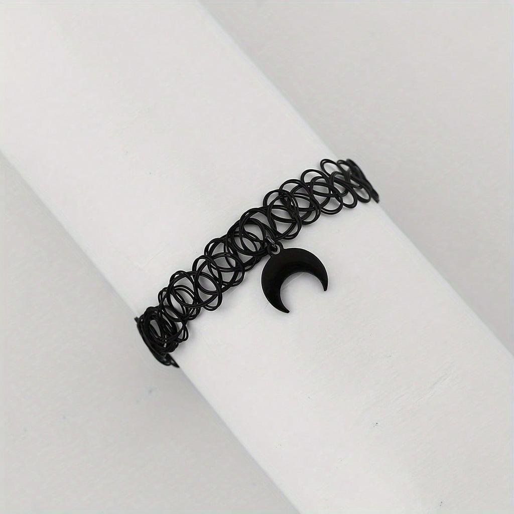 Gothic Moon Star Pendant Choker Necklace - Vintage-Inspired, Adjustable Clavicle Elastic Stretchy Chain with Hollow Design Tattoo Charms Jewelry