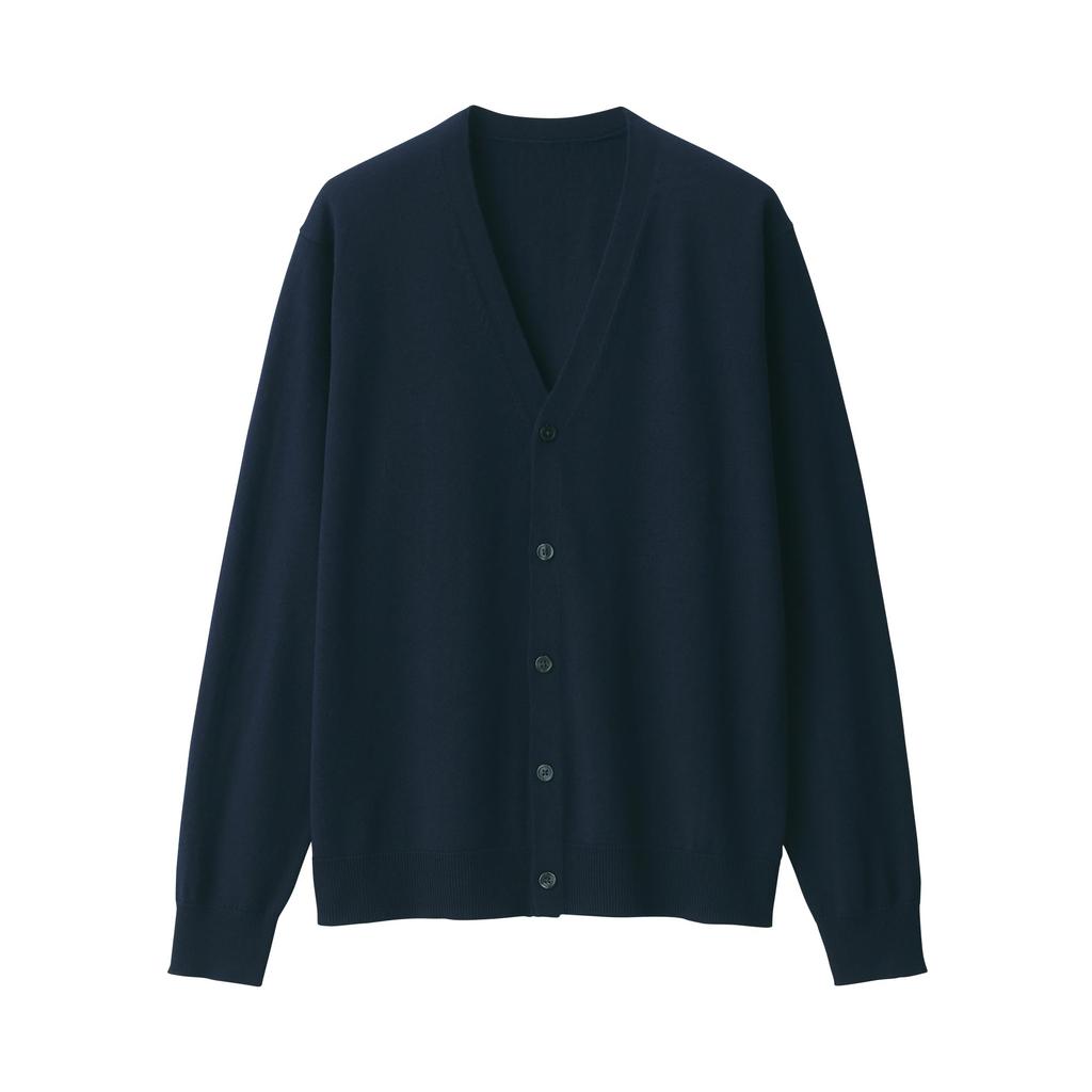 MUJI Men's Washable Wool High-Gauge V-Neck Cardigan, Dark Navy, Size AA0PFA4A, Men's XL