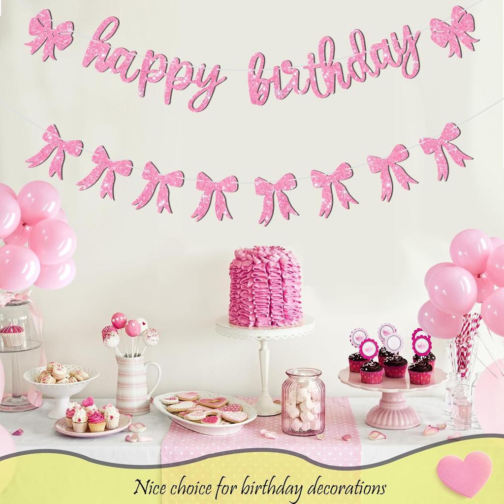 Happy Birthday Bow Banner-Glitter Pink Birthday Banner for Women Coquette Decorations for Coquette Party Bow Party Decorations Pink Supplies.