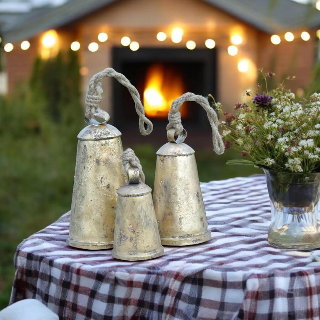 Giant Set of 3 Rustic Iron Hanging Bells, Vintage Witch Bells for Door Protection, Shabby Chic Farmhouse Wall Decor and Christmas Wind Chimes