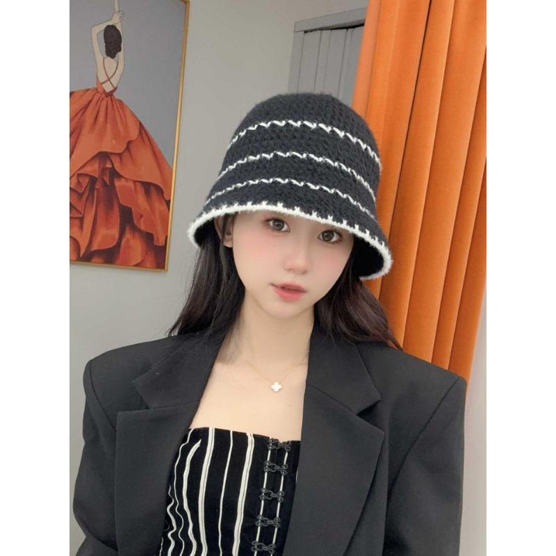 

Knitted hat children s autumn and winter new striped lazy wind bucket hat showing face small bucket hat Adjustable