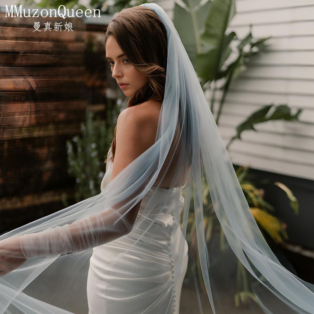 Plain Solid Color Tulle Bridal Veil Single Layer Soft Flowy Simple Wedding Veil White Lavender Light Blue Floor Length Veil For Bride Elopement Shoot
