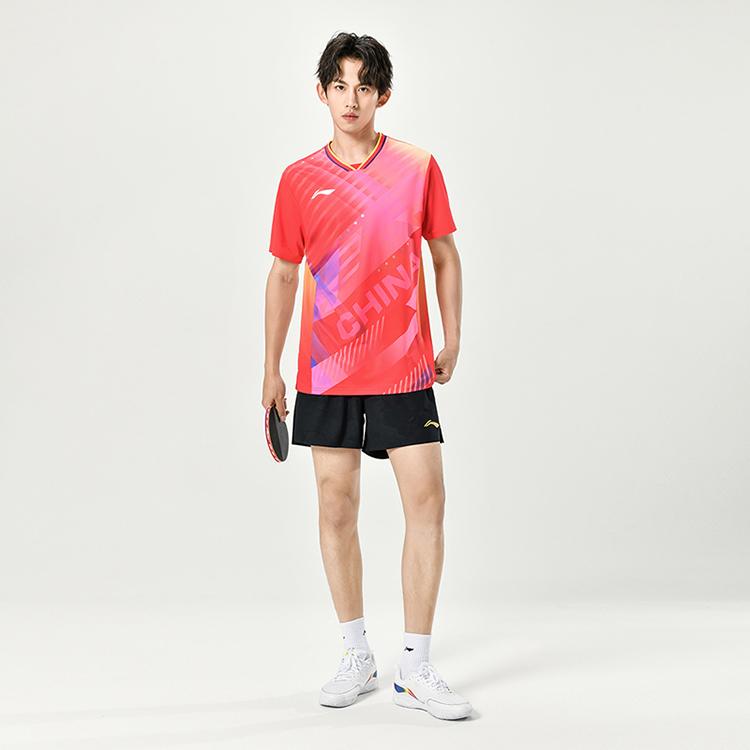 Li Ning Table Tennis Series Logo Print Short Sleeve T-Shirt Unisex Tops Cherry-Blossom-Red AAYU037-3