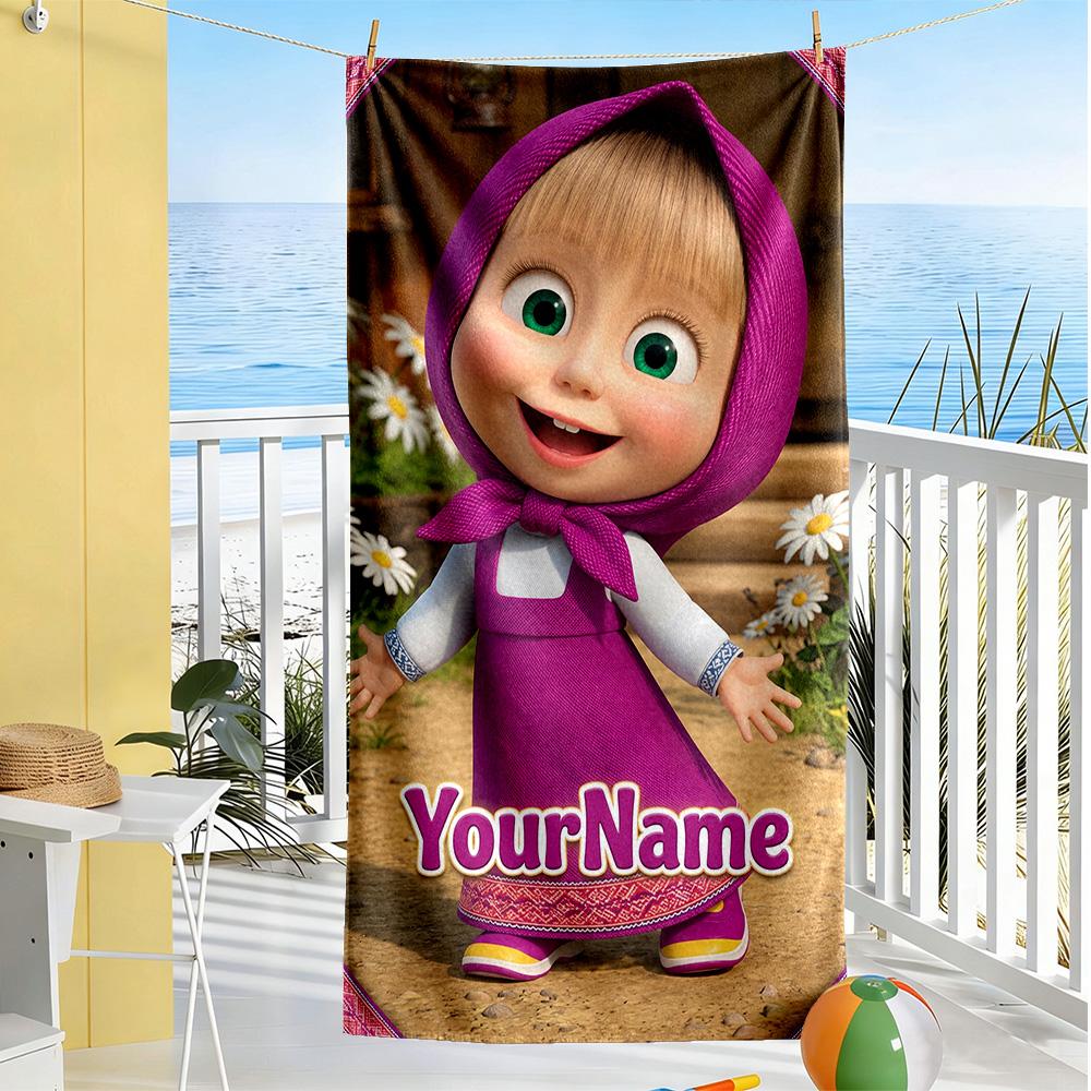 Masha Bear Personalized Text Beach Towel High Absorbency & Quick-Dry Perfect for Traveling Yoga Camping and Swimming
