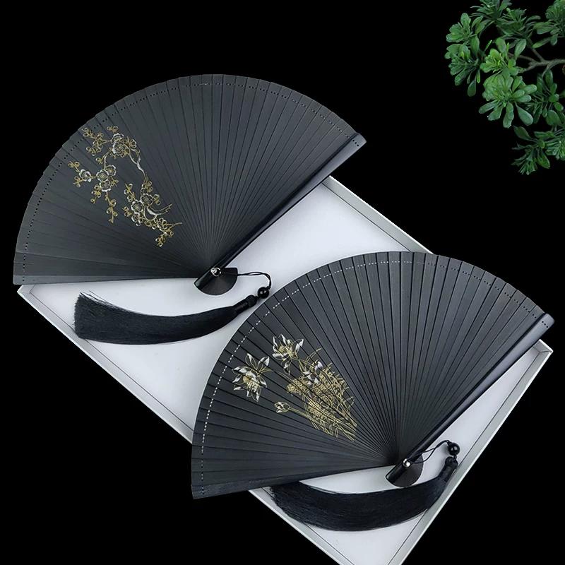 Full Bamboo Fan Folding Fan Chinese Style Female Antique Tassel Small Size Portable Portable Classical Hanfu Cheongsam Folding Fan