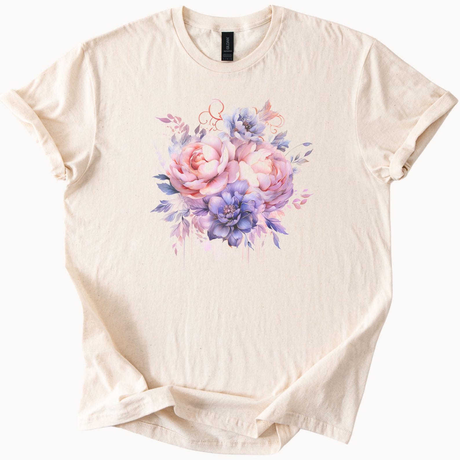 Pastel Floral Bouquet Graphic Shirt Pink and Purple Peony and Blossom Flower Art Tee Watercolor Flower T Shirt Aesthetic Spring Top 140