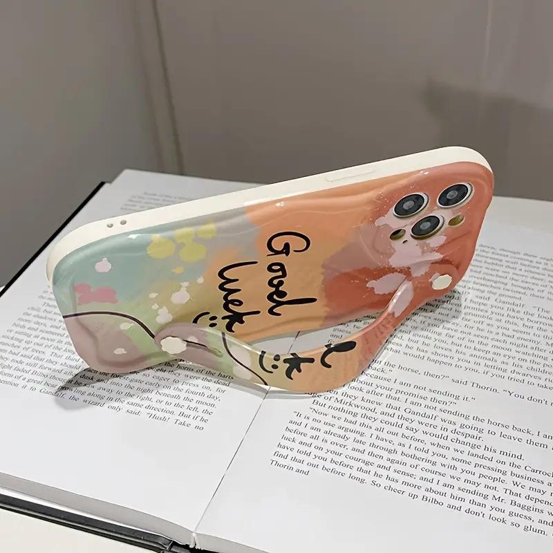 Color Block Smile Pattern Phone Case, Minimalist Cream Shell with Wrist Support, Compatible with iPhone 11 To 16 Pro Max Series.