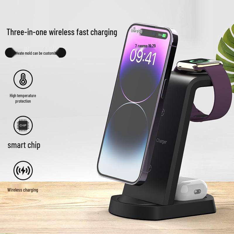 Three-in-One Vertical Wireless Charger for Apple Devices: Phone, Earbuds, and Watch.