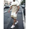 Conjunto de 2 Piezas para Hombre de Verano Camiseta de Manga Corta con Estampado de Letras y Rayas Shorts con Cordón Oversize Holgado Cuello Redondo