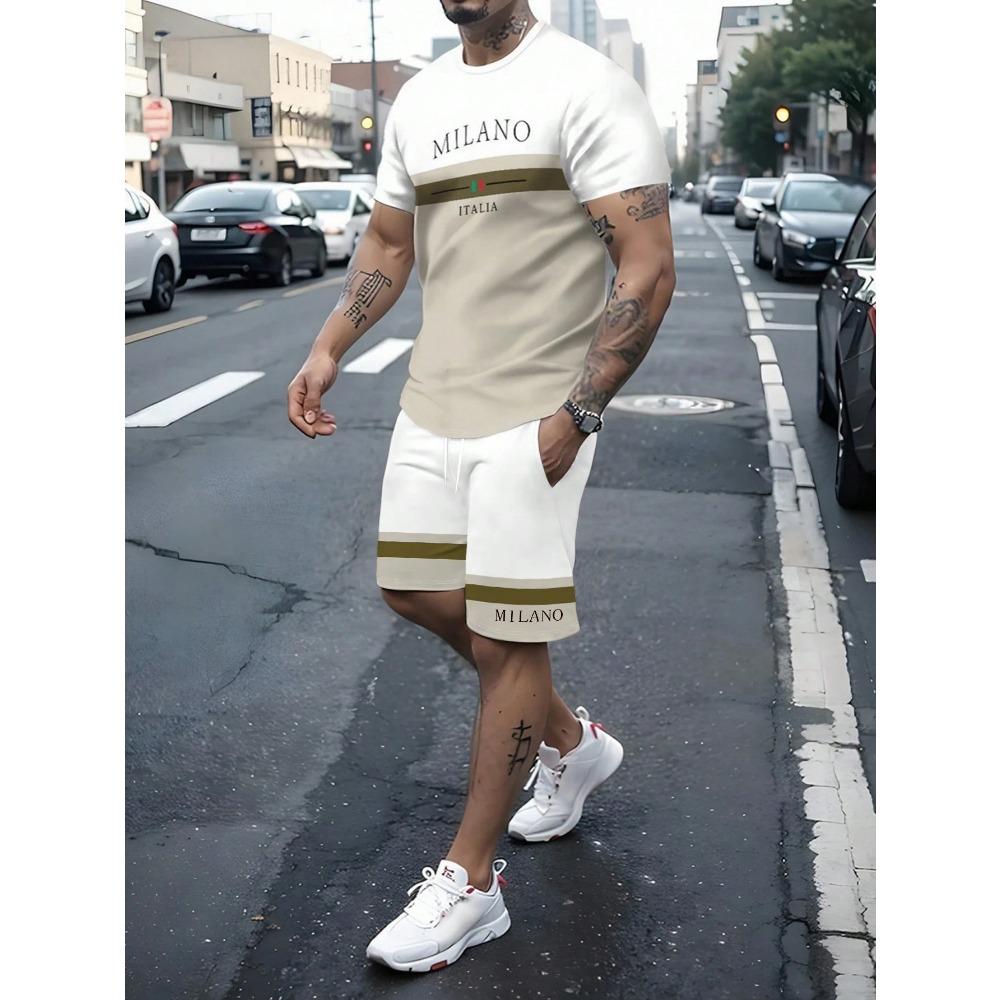Conjunto de 2 Piezas para Hombre de Verano Camiseta de Manga Corta con Estampado de Letras y Rayas Shorts con Cordón Oversize Holgado Cuello Redondo