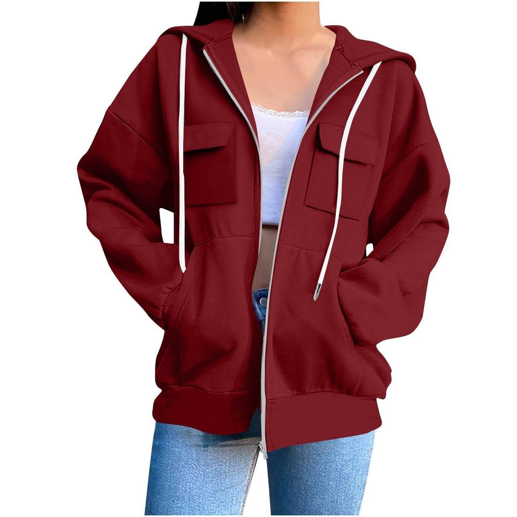Women's Plain Zip-Up Hoodie - Oversized Long Sleeve Hooded Sweatshirt for Street Casual Wear