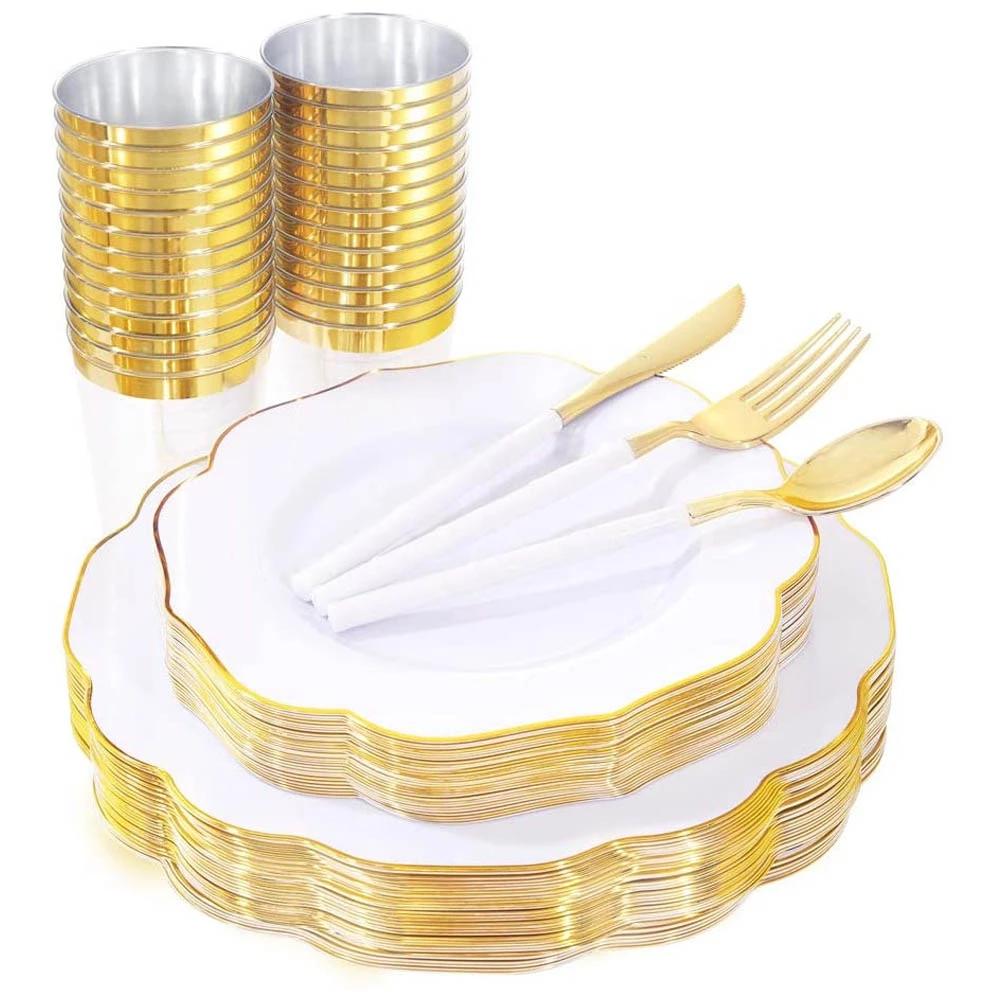Set Combinat Tacâmuri de Unică Folosință pentru 10 Persoane 60 buc Farfurie de Cină din Plastic cu Dantelă Bronzată, Cupă, Tacâmuri Argintii, Consumabile pentru Petrecere de Zi de Naștere, Nuntă