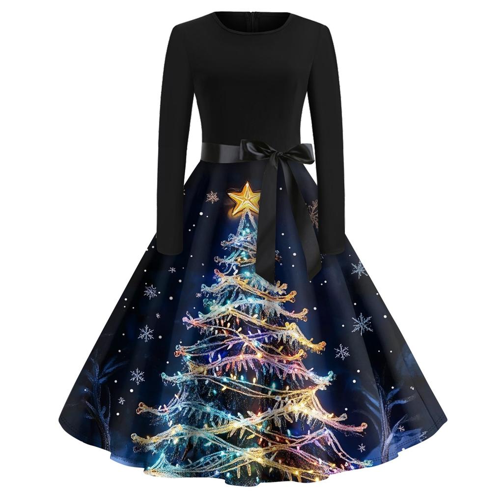Damen Vintage Classic Kleid Langarm Weihnachtsdruck Rundhals Swing Kleid