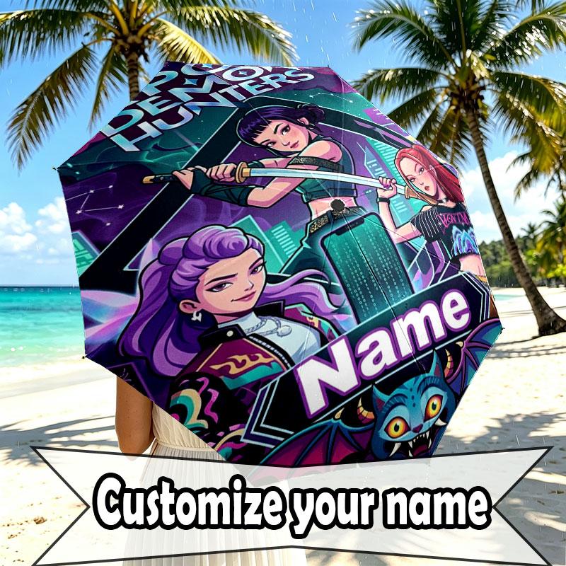 Custom Name Personalized Demon Hunters Kpop Print Umbrella, Auto Open Close, 8‑Rib Sturdy Frame, Commute Camping Hiking Use, Birthday Gift