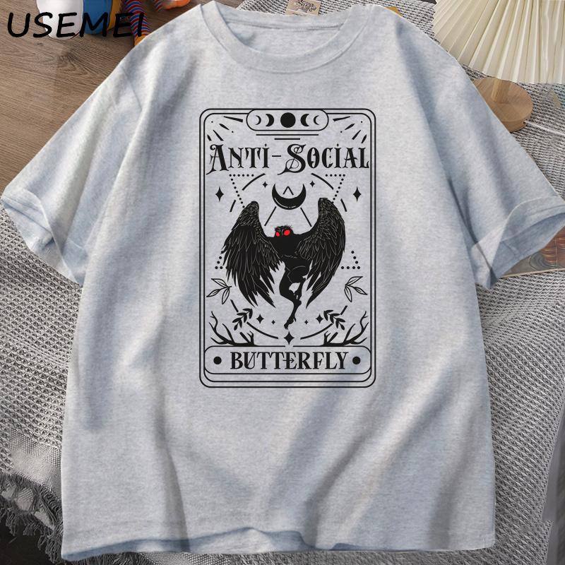 

Mothman Tarot Card Butterfly T-shirt Man Vintage Cotton Short Sleeves Tees Streetwear Casual Round Neck Printed T Shirts Tops L серый