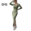 Women Spring Fall Dress V Neck Slit Hem Thread Slim Fit Long Sleeves Ankle Length Knitted Elastic Maxi Dress Shopping Dating Party Dress