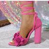 New Summer Fashionable Embroidery Flowers Ankle Strap Sandals Women Open Toe Pink High Heels Wedding Banquet Shoes Zapatos Mujer