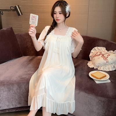 Linglei Summer Solid Color Lace Bow Mesh Court Princess Style Long Nightdress Pajamas Loungewear Women