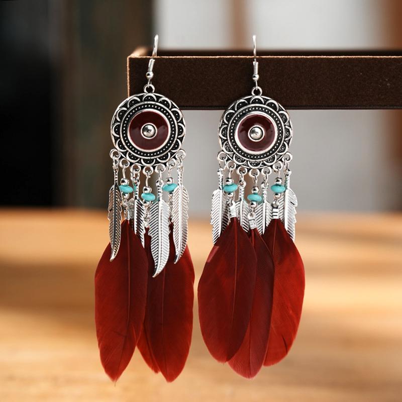

Antique Silver Color Round Drop Oil Feather Earrings for Women Ethnic Long Metal Leaf Beach Style Boho Earrings Party Jewelry вино красного