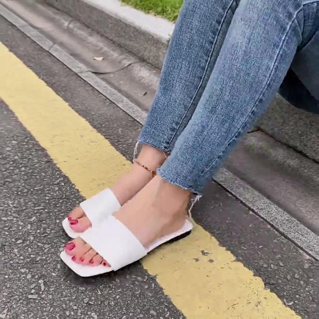 Fashion Big Size Square Toe Beach Shoes Woman's Slippers Slides Low Sabot 2025 Summer Soft Flat Hoof Heels Fabric Casual Rubber PU Fretw
