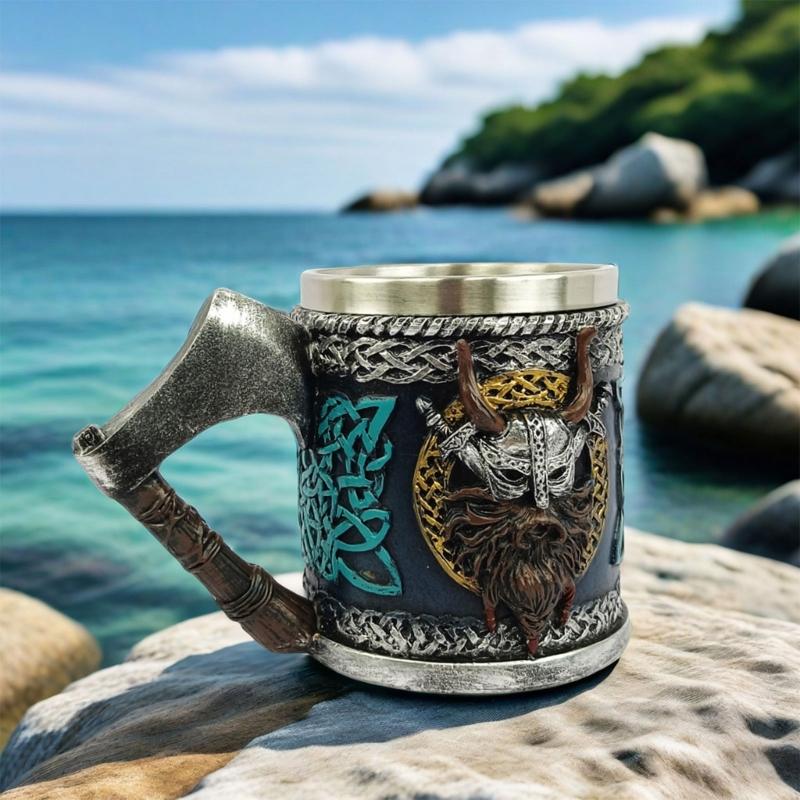 Medieval Pirate Drinking Cup With Ergonomic Axes Handle And Decorative Carvings Beer Mug For Beverage Enthusiasts Gift