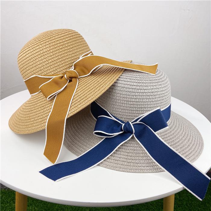 Hat women's spring summer versatile travel ribbon bow streamer big eaves hat sun protection big edge straw hat