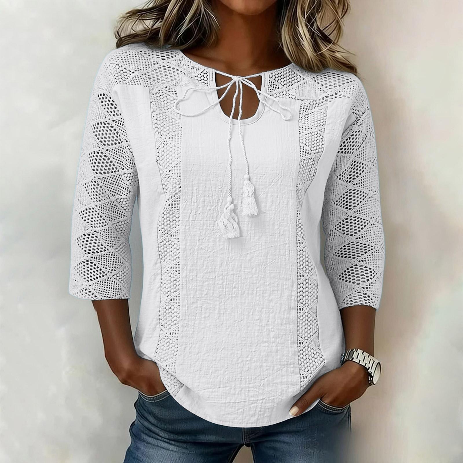 

Women s Fashion Casual Lace-Panel Color U-Neck Three-Quarter Sleeve Top M білий