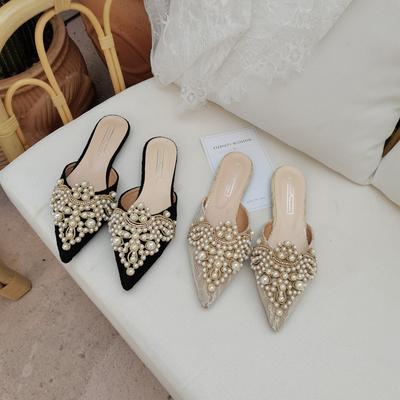 Pointed Toe Slippers for Women Rivets Studded Summer Gladiator Sandals Flat Beach Shoes Ladies Outside Slides Punk Style Mules