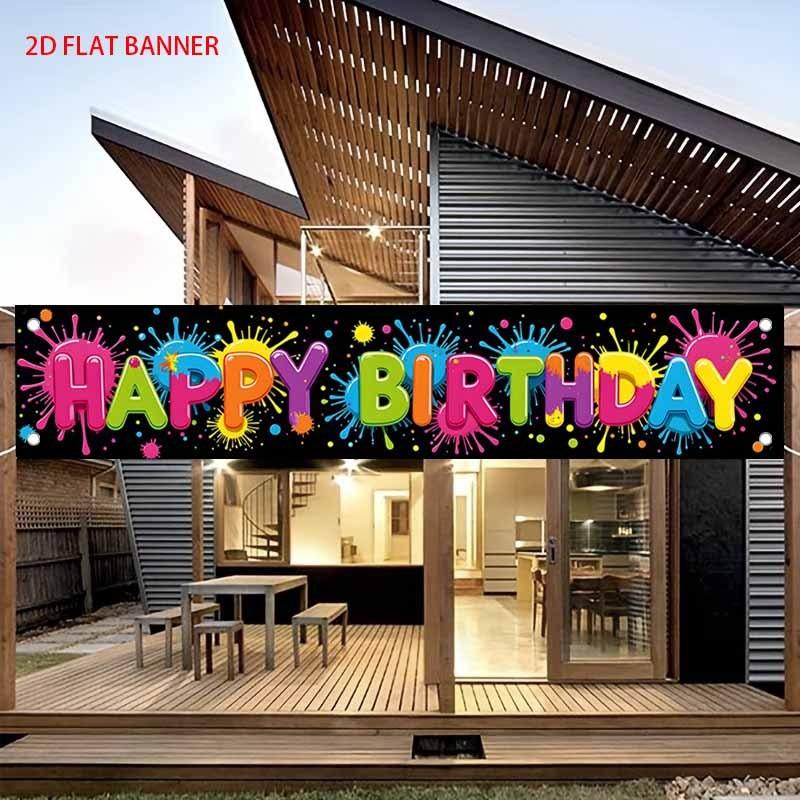 Happy Birthday Fence Banner Ink Splatter Decorate Lively Outdoor Yard Decor