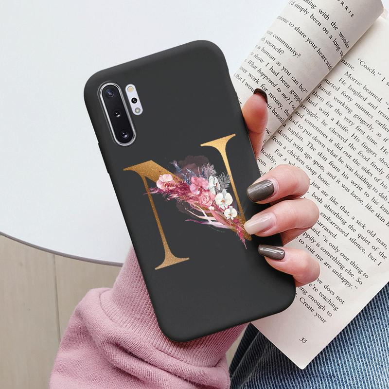 For Samsung Galaxy Note 10 Note10 Plus Case Flower Gold Letter A Z Shockproof Soft Silicone Phone Cover For Samsung Note 10+ Bag
