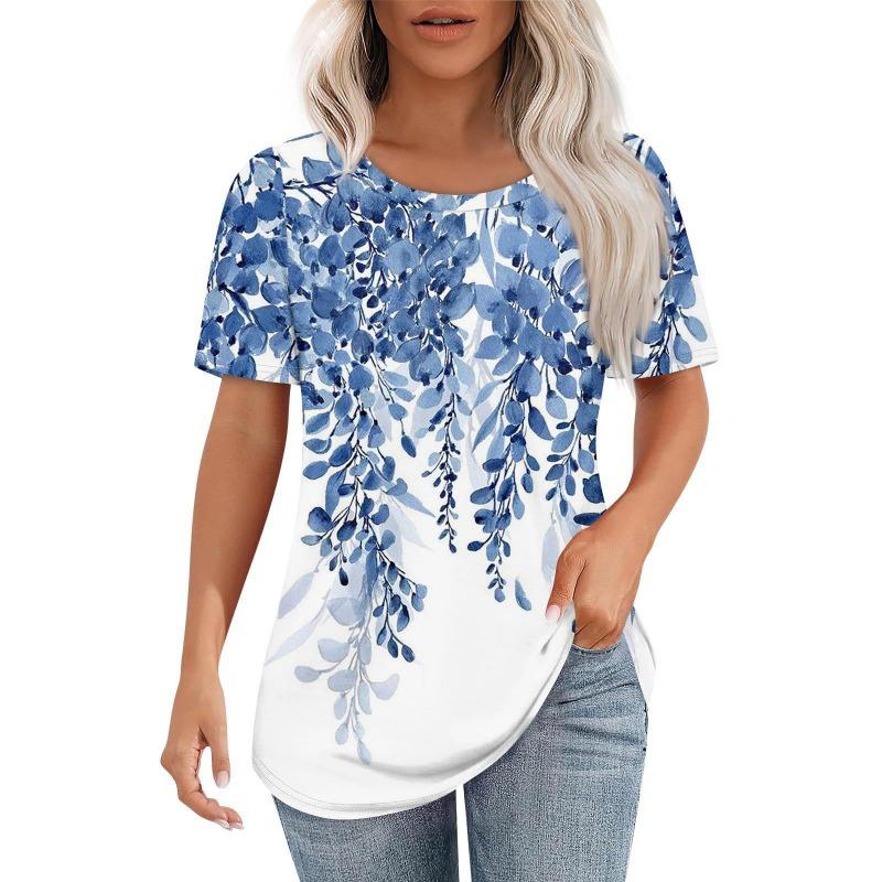 Women's Casual Versatile High-quality Floral Pattern Short Sleeved Round Neck T-shirt