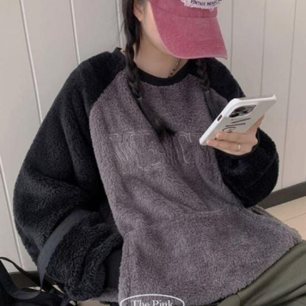 The Pink Oversized Fleece Lettering Embroidered Raglan Sweatshirt
