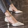 Women Pumps 2022 Newest Ankle Strap Crystal High Heels Shoes Woman Pointed Toe Thin Heel Wedding Party Shoes