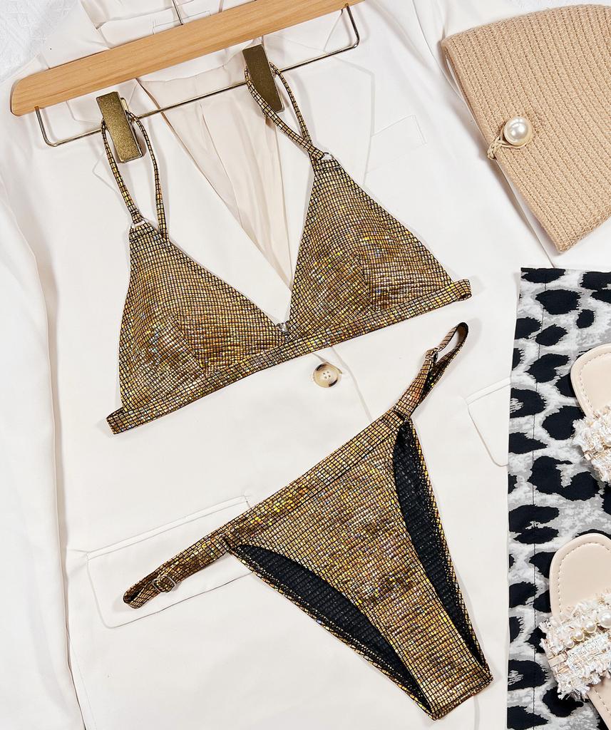Sexy Women's Swimsuit Gold Shiny Triangle Bag Buckle Bikini Set Beachwear Bathing Suits