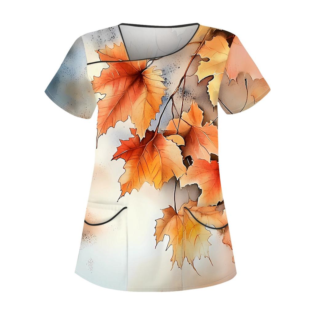 Women's Casual Print Short Sleeve Sloping Collar Workwear Top With Double Pockets