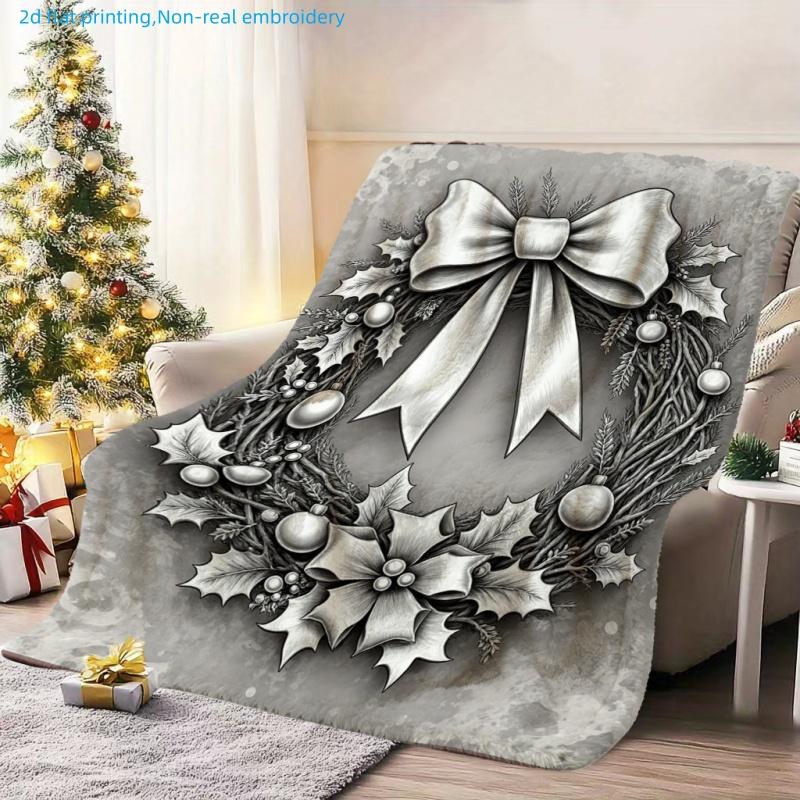 1pc Christmas Festive Style Christmas Wreath And Bow Printed Blanket, Strong Holiday Atmosphere, Multi-Size Available, Suitable for Living Room, Bedro