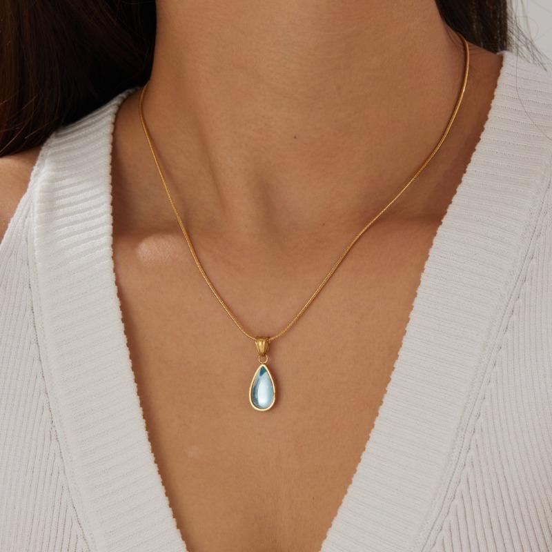 Gold Plated Snake Chain Necklace with Teardrop Shaped Blue Stone Pendant Fashion Jewelry for Women