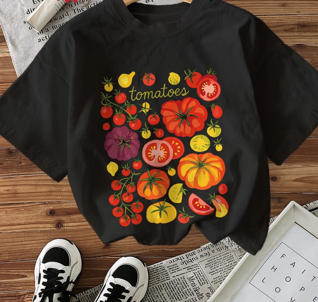 Womens Casual Short Sleeve Crew Neck TShirt Vibrant Tomato Vegetable Graphic Print Summer Comfort Fresh Style Women Clothing