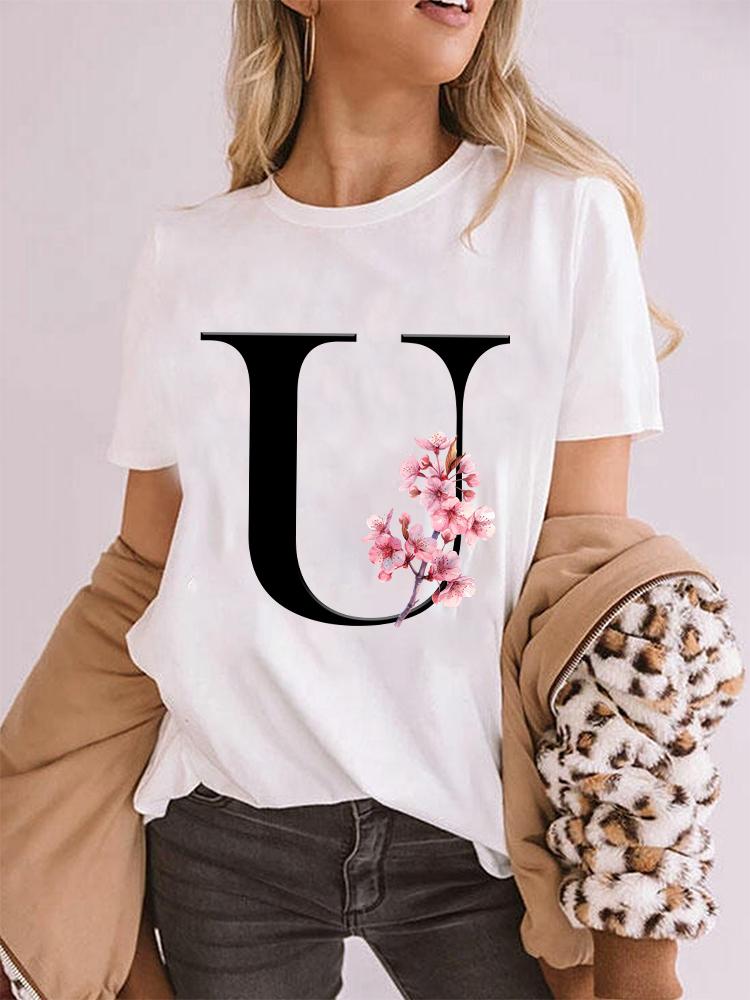 Elegant Cherry Blossom Initial Az Tshirt Unisex Crewneck Floral Letter Graphic Girls Y2k Tops Fashion Mama Birthday Gift Tshirt