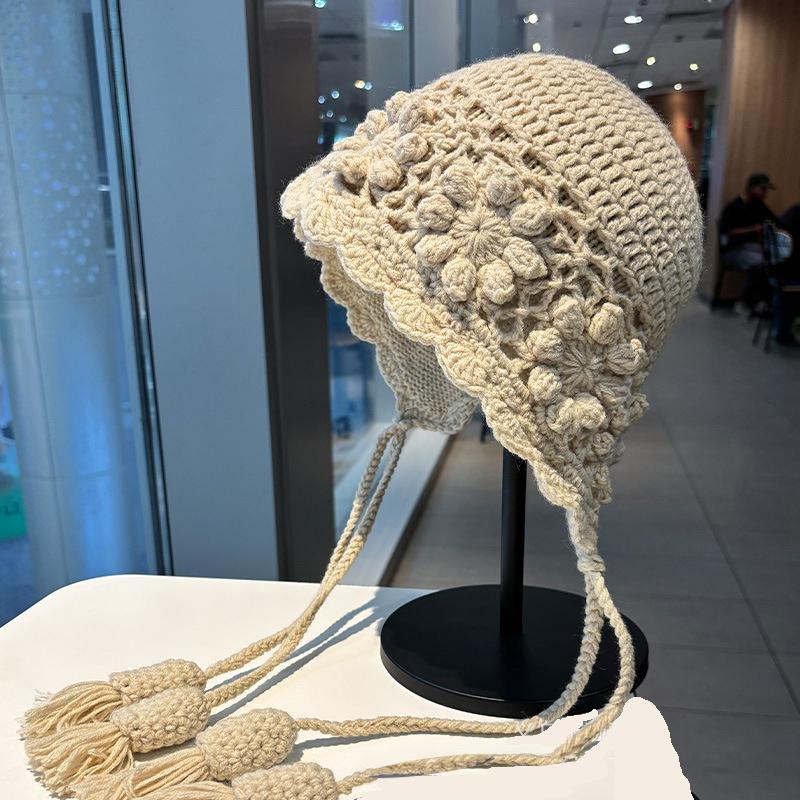 Korean Tassel Flower Knitted Ear Protection Hat Women Autumn Winter Warm Handmade Crochet Earmuffs Cap Girl Pullover Beanie Hat