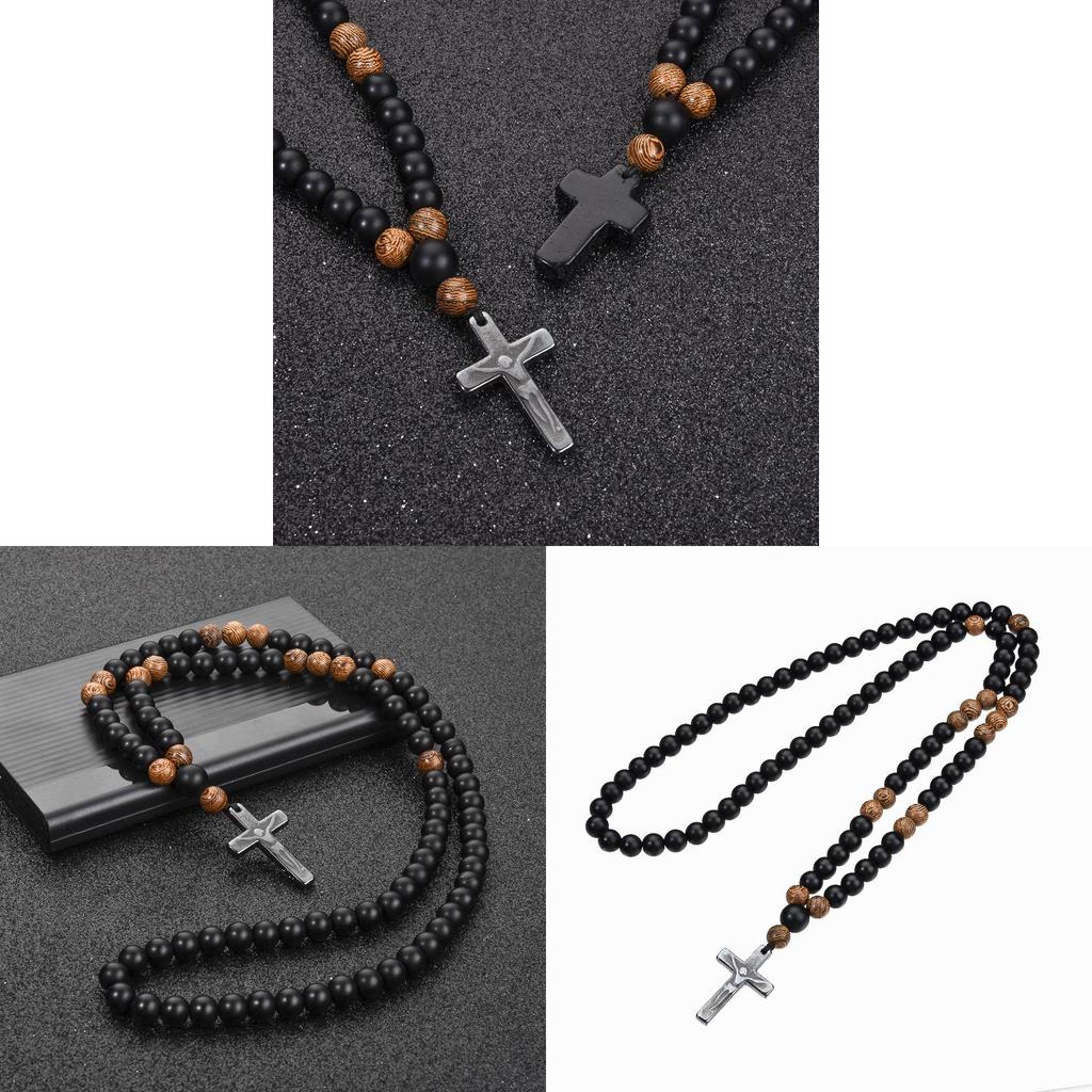 Handgefertigte schwarze Onyx-Kreuz-Halskette für Männer mit geometrischem Design und Perlenkette
