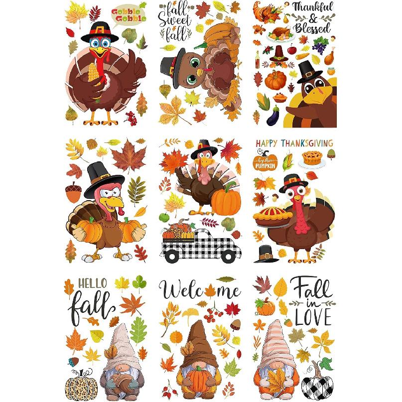 Thanksgiving Window Clings Double Sided Fall Leaves Autumn Window Clings for Glass Cute Turkey Gnome Autumn Window Stickers Fall Window Stickers Home