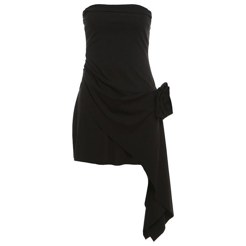 

Flower Backless Strapless Dress Flower Decoration Pure Color Backless Tube Top Dress Black L